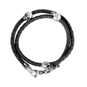 Thin Braided Double Wrap Black Leather Bracelet with Three Hamlet Skulls