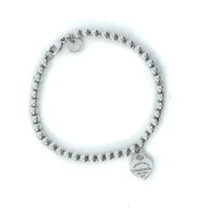Tiffany & Co Return To Tiffany Sterling Silver Mini Heart Tag Beaded Bracelet - 17cm