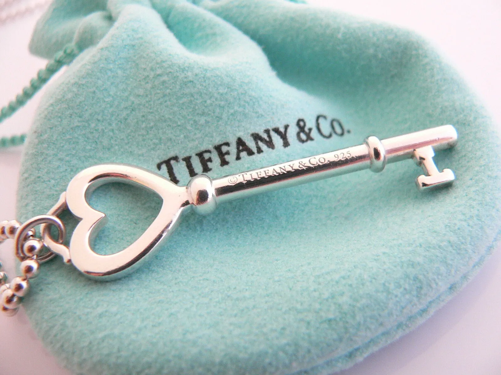 Tiffany Co Silver Large Heart Key Necklace Pendant Charm 34 in Chain Gift Pouch