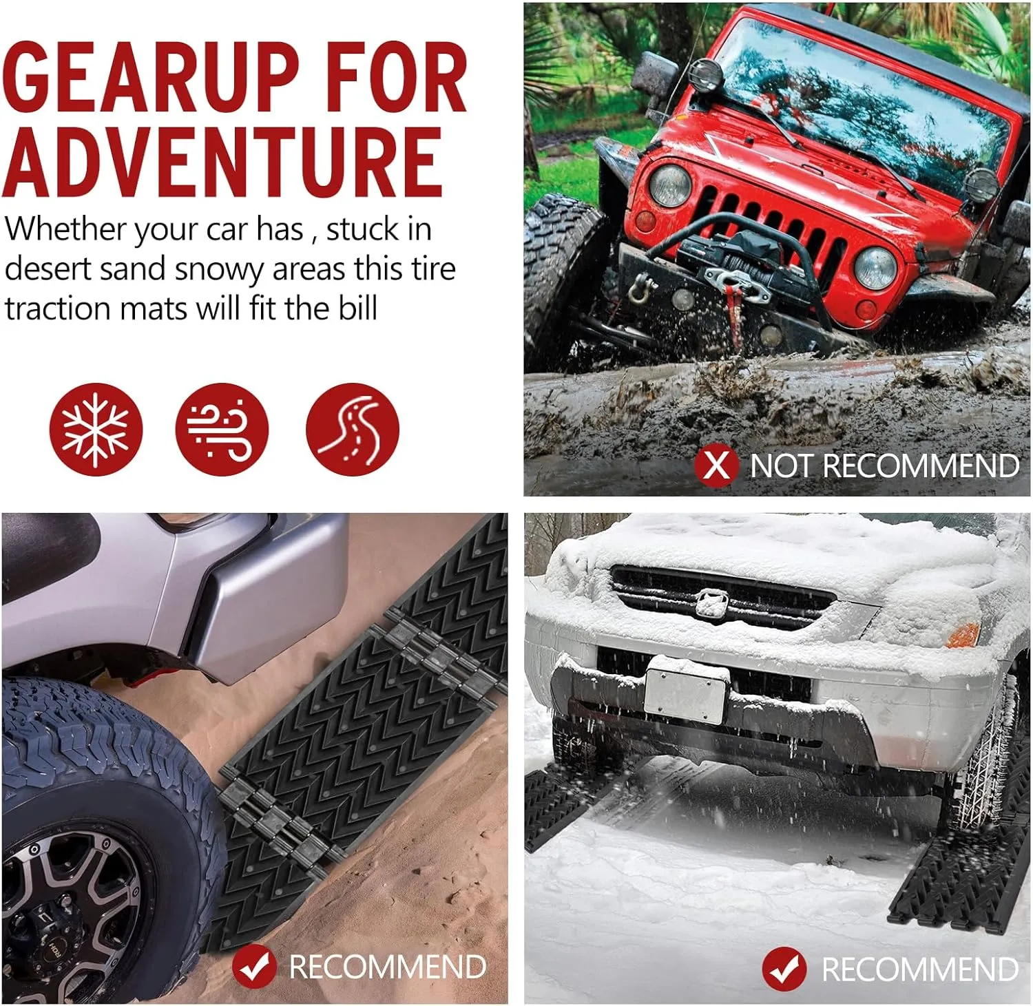 Tire Traction Mats 2-Pack Foldable Portable Recovery Track Boards for Off Road 4X4, Cars, Trucks, Small SUVs | Emergency Snow Ice Sand Traction Devices