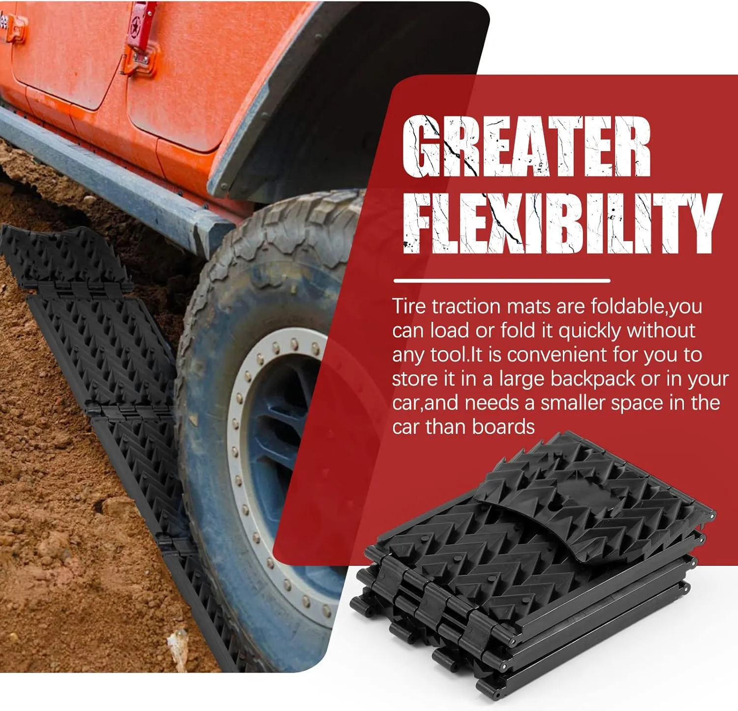 Tire Traction Mats 2-Pack Foldable Portable Recovery Track Boards for Off Road 4X4, Cars, Trucks, Small SUVs | Emergency Snow Ice Sand Traction Devices