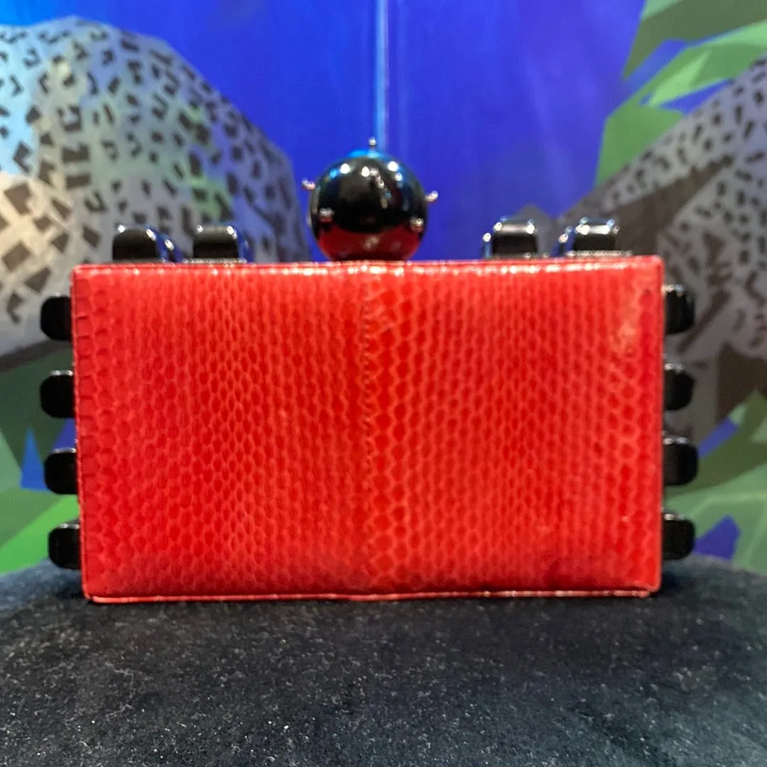 Tonya Hawkes Red Leather and Black Spike Clutch