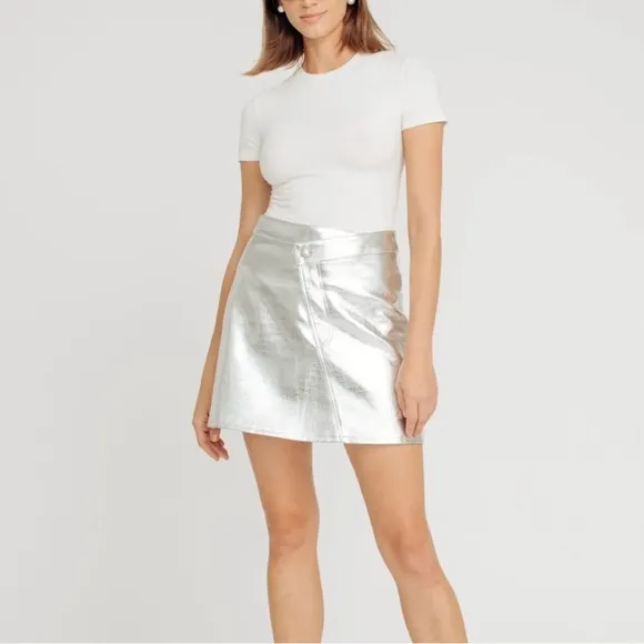 TORN BY RONNY KOBO Donnie Skirt Silver Faux Leather Mini Asymmetric Size XS