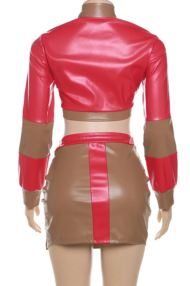 UJ0402 Leather Jacket and Skirt Set