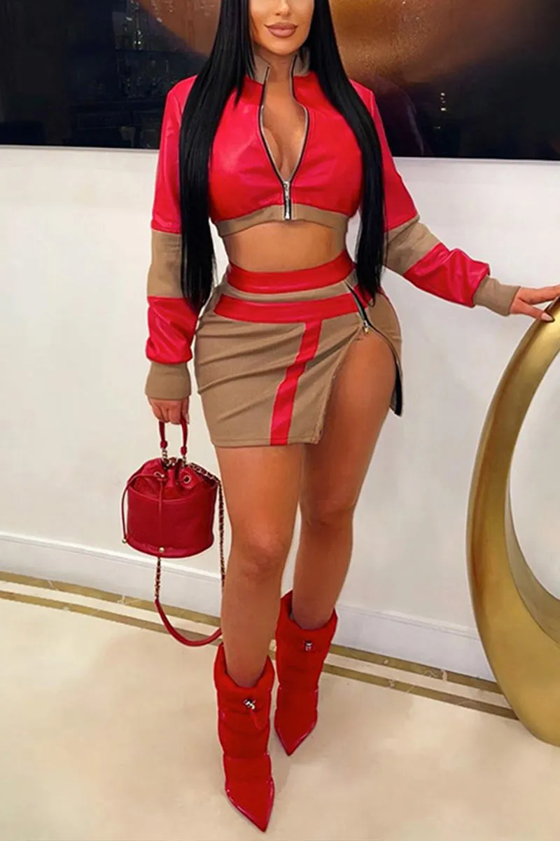 UJ0402 Leather Jacket and Skirt Set