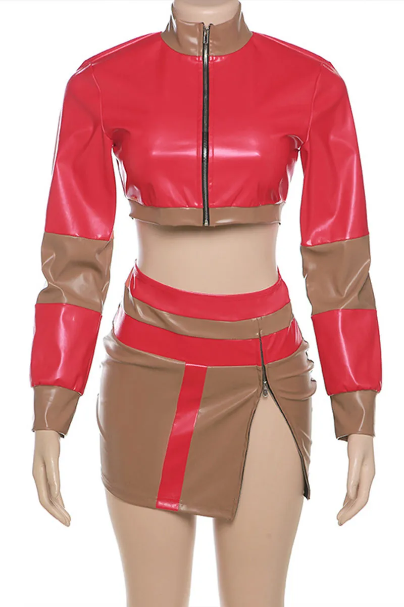 UJ0402 Leather Jacket and Skirt Set