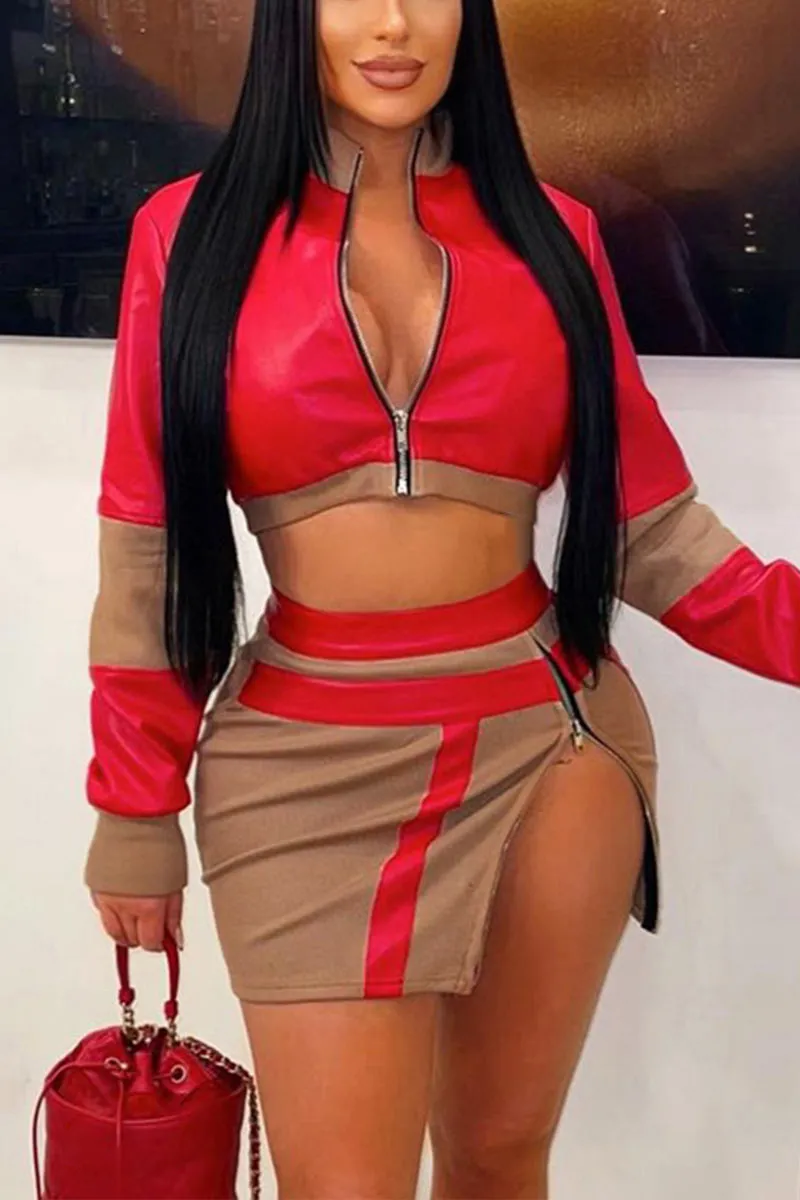 UJ0402 Leather Jacket and Skirt Set