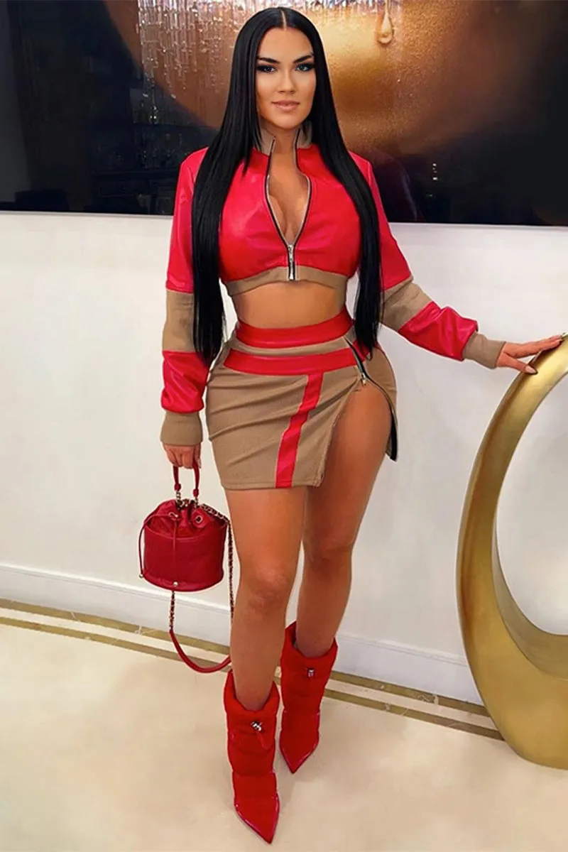 UJ0402 Leather Jacket and Skirt Set