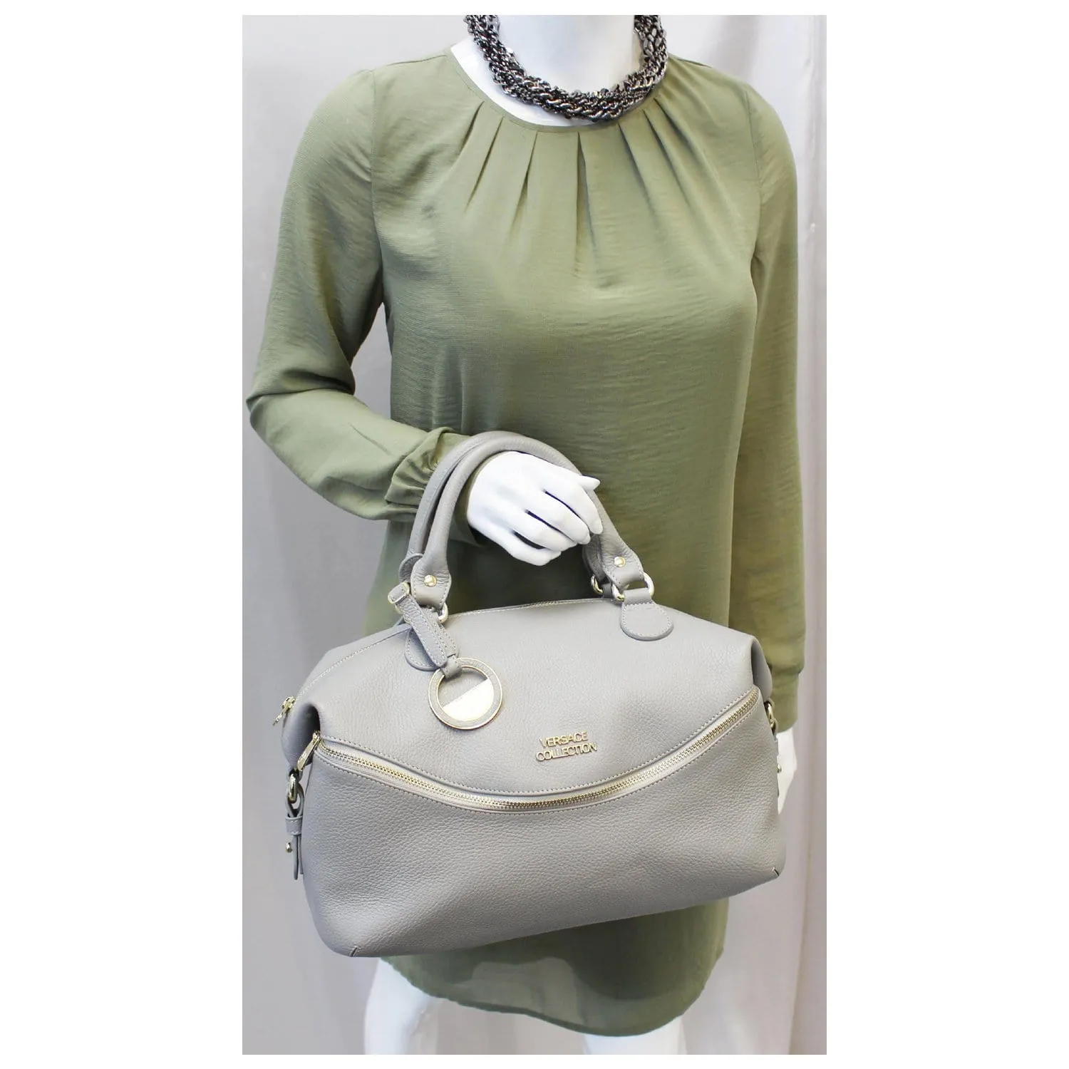 Versace Collection Pebbled Leather Shoulder Bag Grey