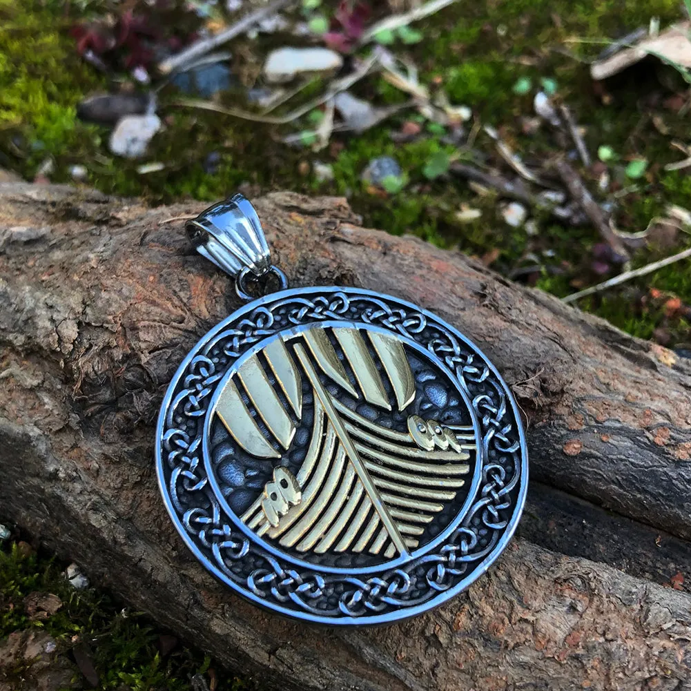 Viking Odin's Ship Necklace With Runes and Vegvisir