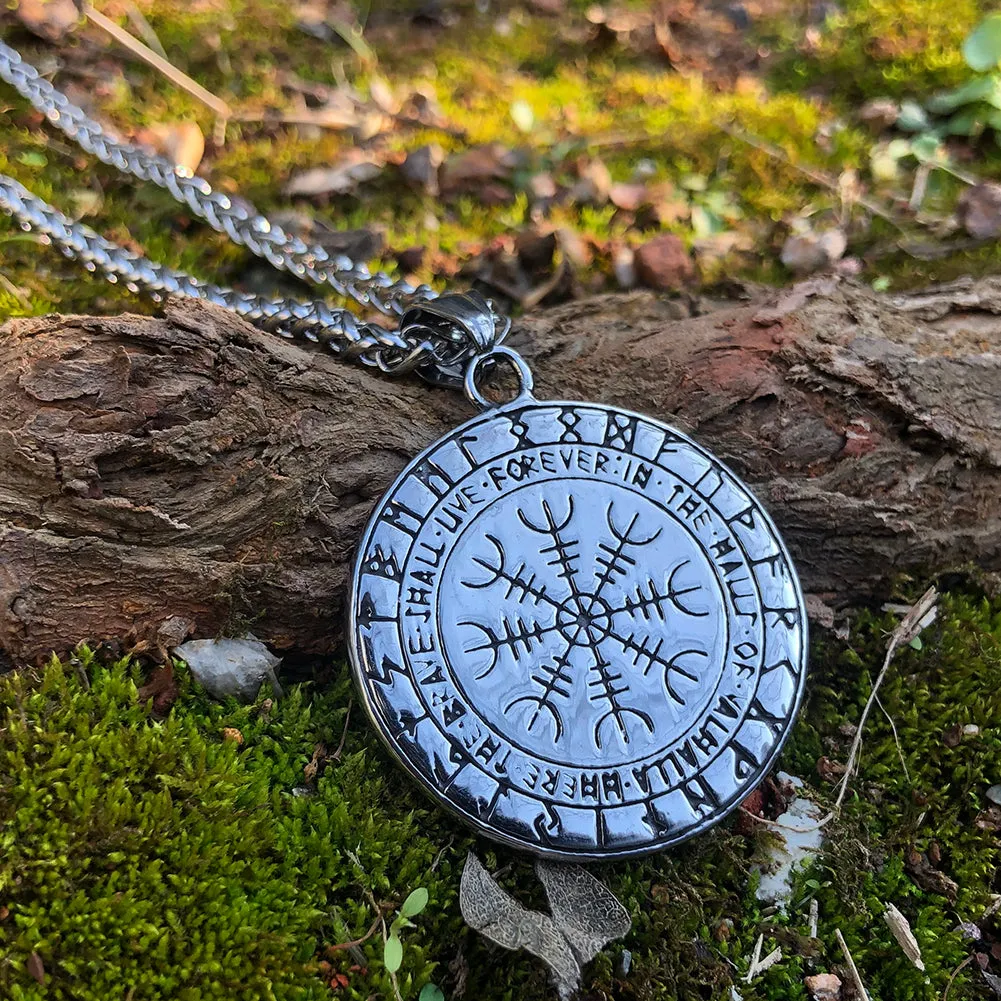 Viking Odin's Ship Necklace With Runes and Vegvisir
