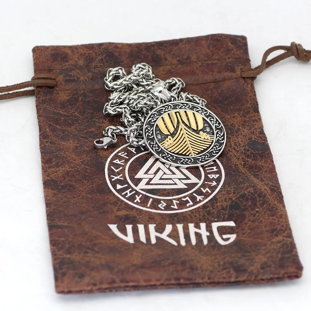 Viking Odin's Ship Necklace With Runes and Vegvisir