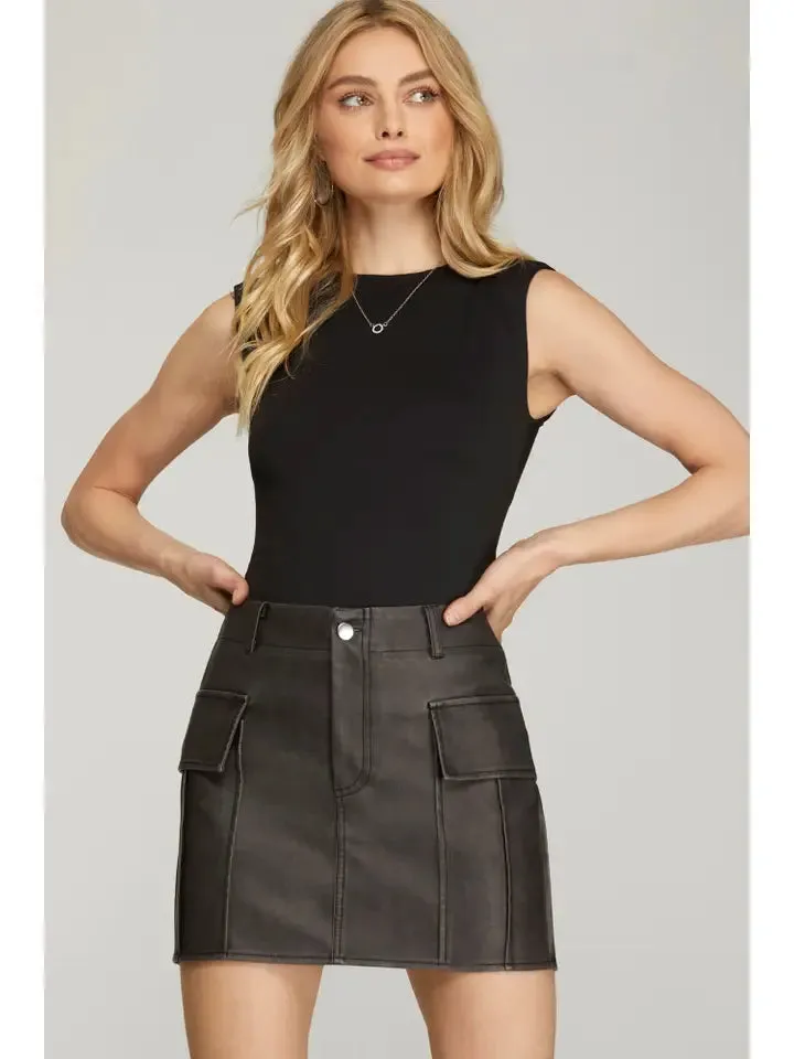 Washed Faux Leather Cargo Mini Skirt