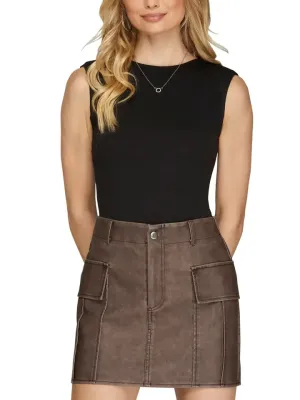 Washed Faux Leather Cargo Mini Skirt