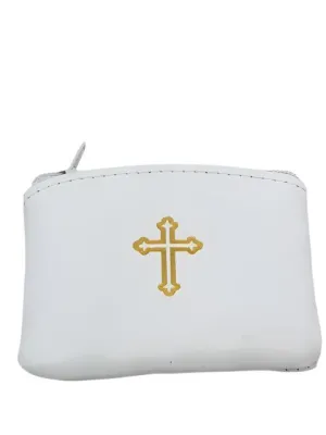 White Genuine Leather with Cross Rosary Pouch (3 x 21/2")