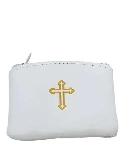 White Genuine Leather with Cross Rosary Pouch (3 x 21/2")