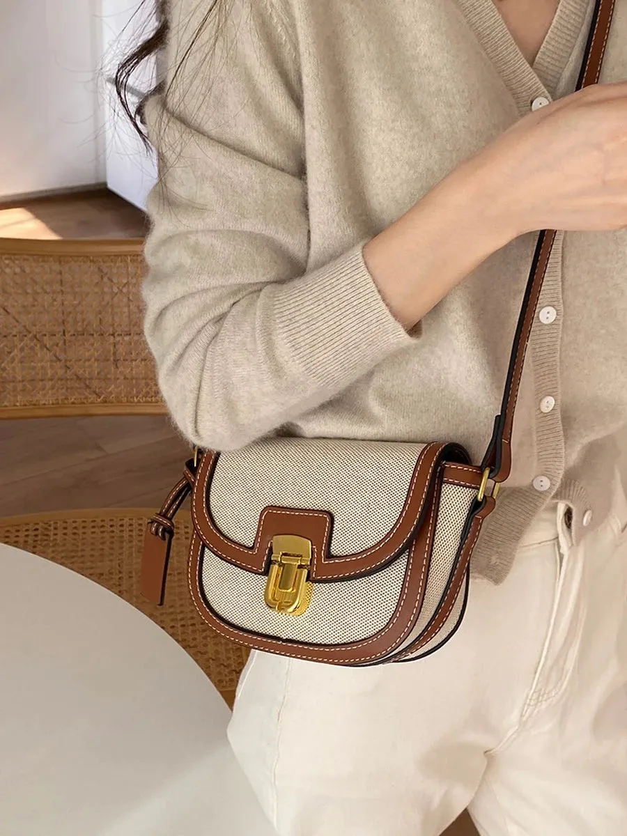 Women's Elegant Leather and Canvas Beautiful Contrast Panels Crossbody Saddle Handbags Purse Shoulder Messenger Bags