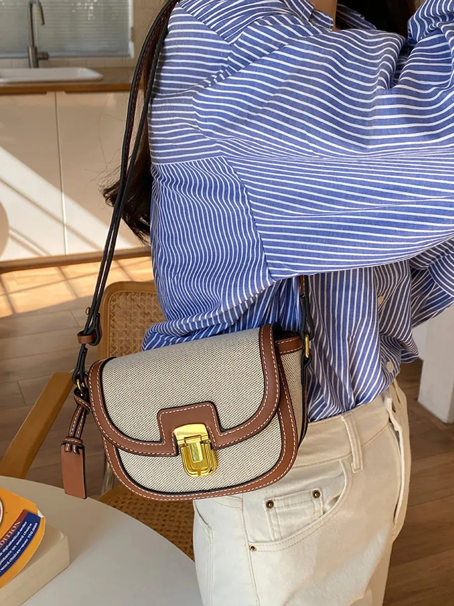 Women's Elegant Leather and Canvas Beautiful Contrast Panels Crossbody Saddle Handbags Purse Shoulder Messenger Bags