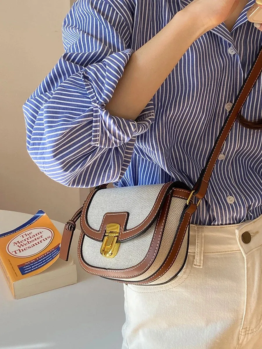 Women's Elegant Leather and Canvas Beautiful Contrast Panels Crossbody Saddle Handbags Purse Shoulder Messenger Bags