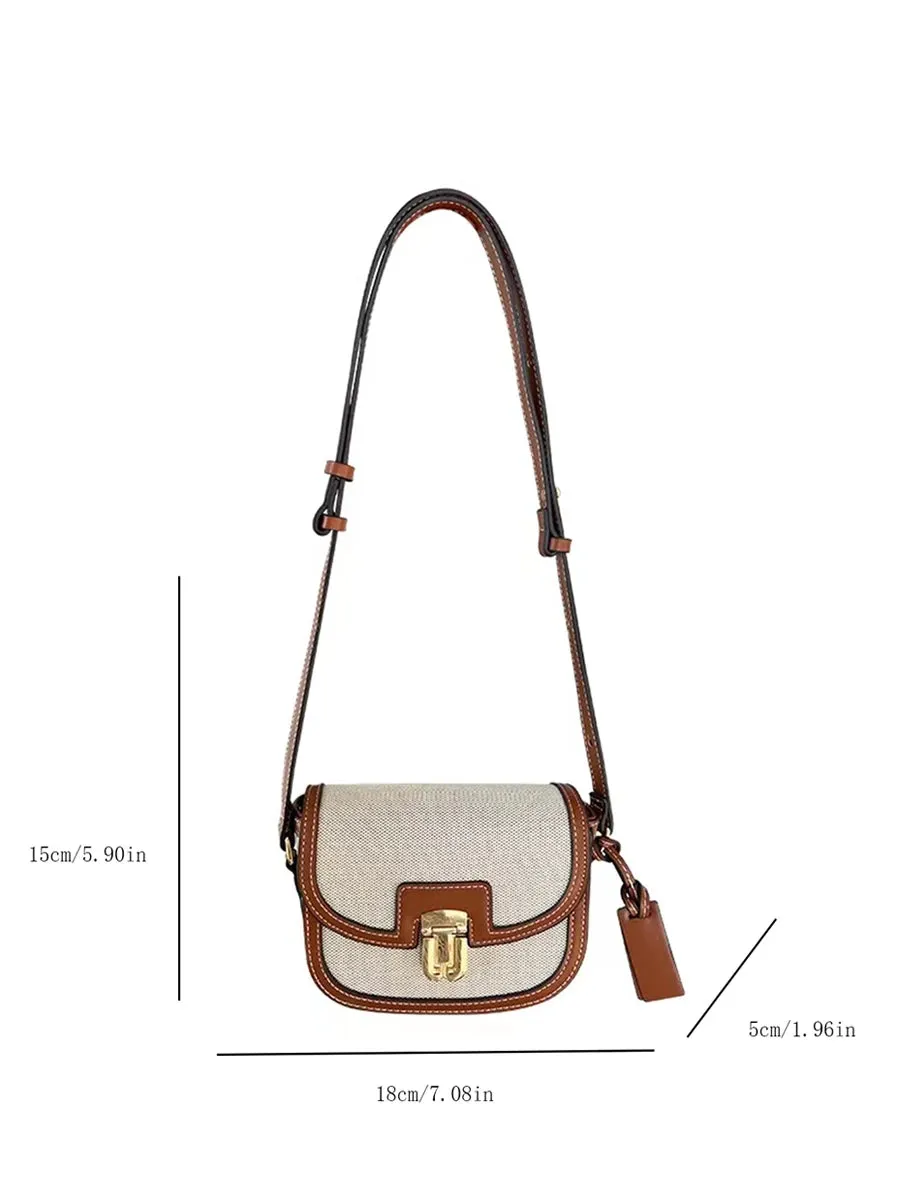 Women's Elegant Leather and Canvas Beautiful Contrast Panels Crossbody Saddle Handbags Purse Shoulder Messenger Bags