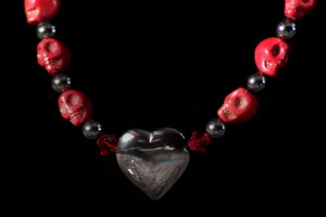 Women's Red Skull & Hematite gemstone Heart Necklace