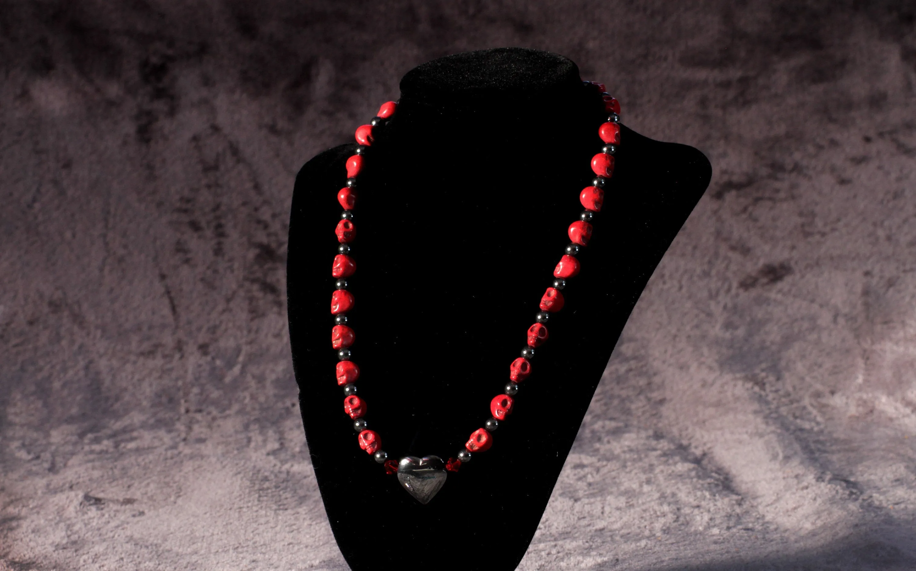 Women's Red Skull & Hematite gemstone Heart Necklace