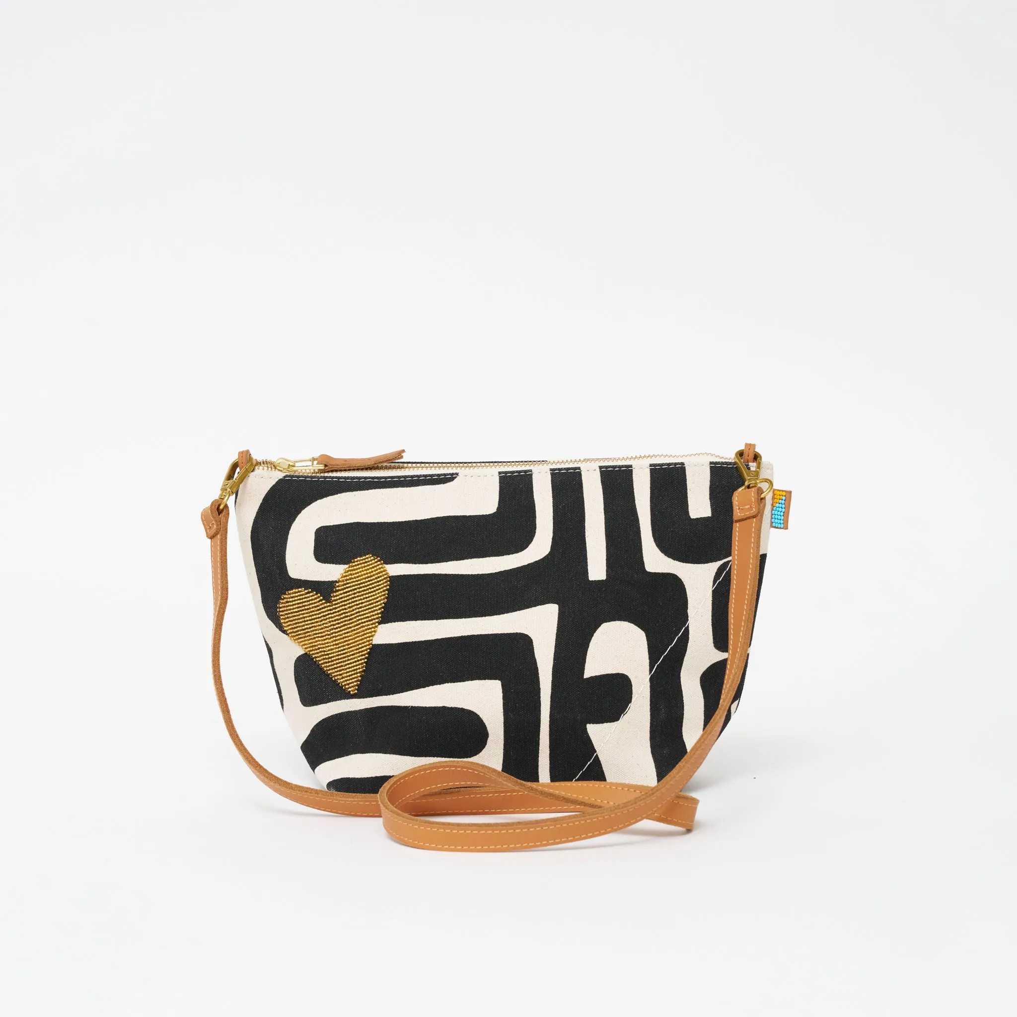 XLarge Convertible Pouch - Black Kuba with Beaded Gold Heart