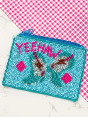 'Yeehaw' Cowgirl Boots Beaded Zip Pouch - Blue