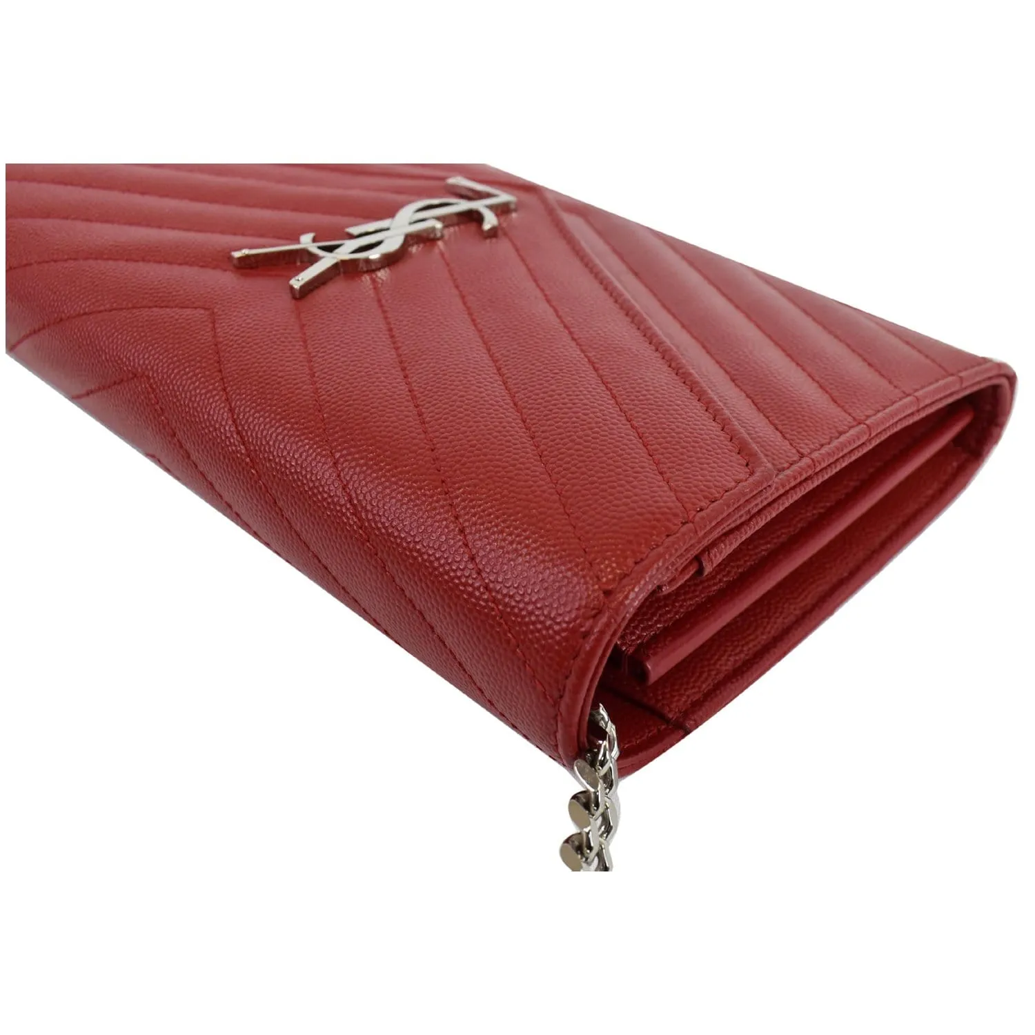 YVES SAINT LAURENT Matelasse Chevron Leather Envelope Chain Wallet Red