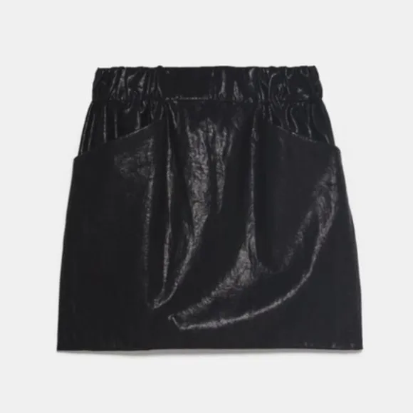 Zara Black Faux Leather High Rise Paperbag Mini Skirt with Pockets XS