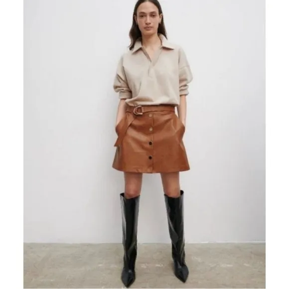 Zara EUC Faux Leather High Waist Brown Mini Skirt Gold Buttons Belted XS
