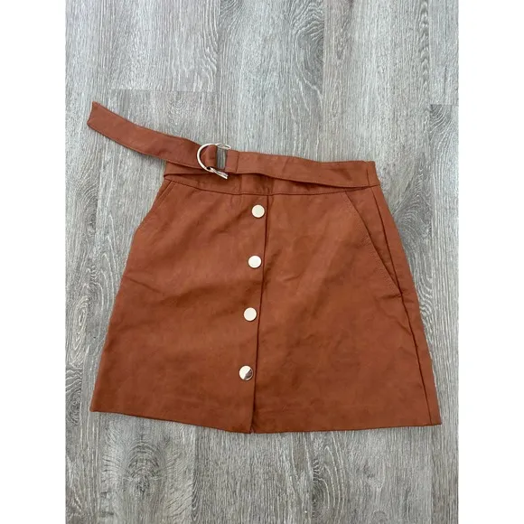 Zara EUC Faux Leather High Waist Brown Mini Skirt Gold Buttons Belted XS