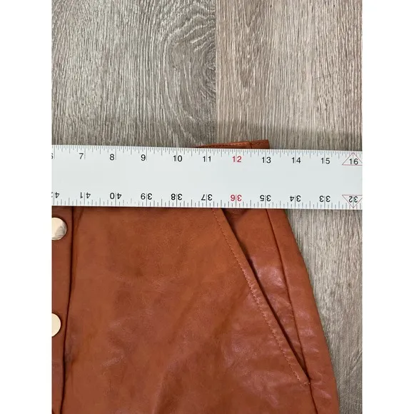 Zara EUC Faux Leather High Waist Brown Mini Skirt Gold Buttons Belted XS
