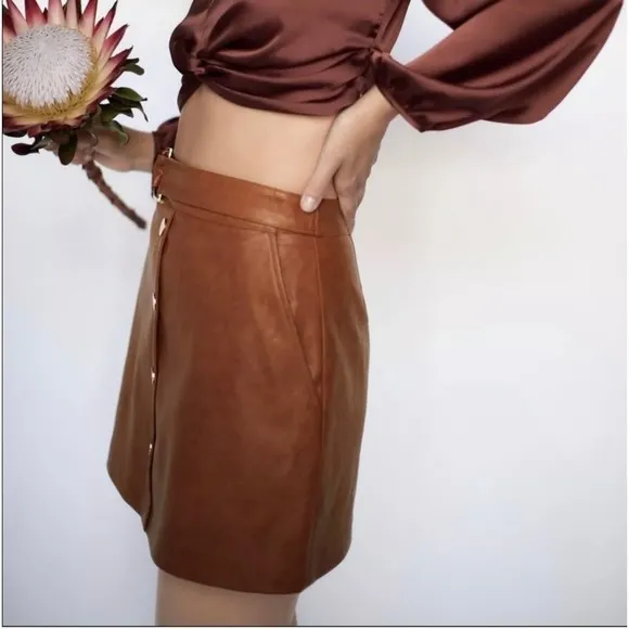 Zara EUC Faux Leather High Waist Brown Mini Skirt Gold Buttons Belted XS
