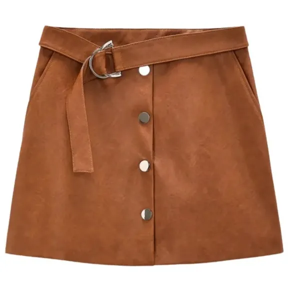 Zara EUC Faux Leather High Waist Brown Mini Skirt Gold Buttons Belted XS