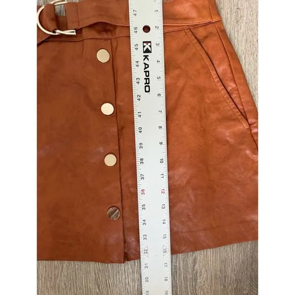Zara EUC Faux Leather High Waist Brown Mini Skirt Gold Buttons Belted XS