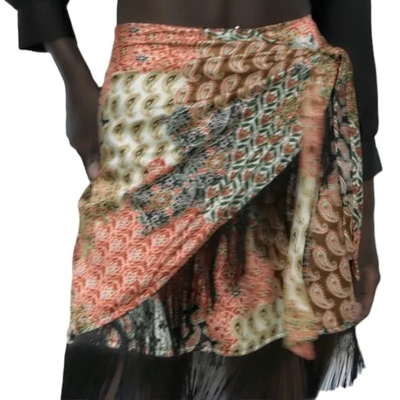 Zara Mixed Print Faux Wrap Skirt with Fringe Sz XS