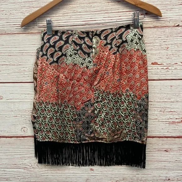Zara Mixed Print Faux Wrap Skirt with Fringe Sz XS