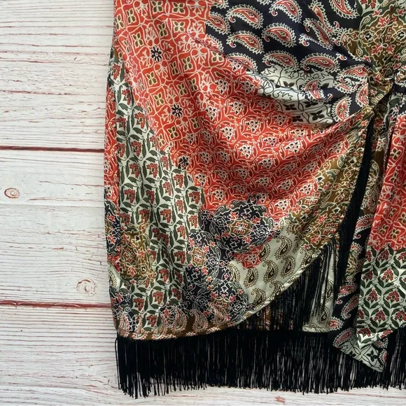 Zara Mixed Print Faux Wrap Skirt with Fringe Sz XS