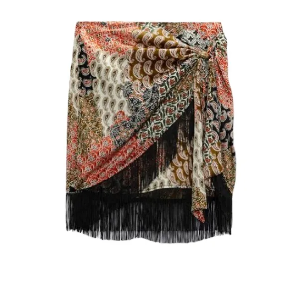 Zara Mixed Print Faux Wrap Skirt with Fringe Sz XS