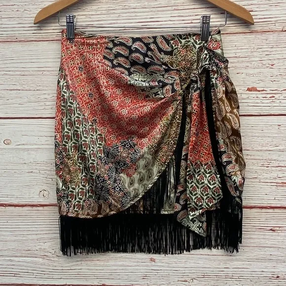 Zara Mixed Print Faux Wrap Skirt with Fringe Sz XS