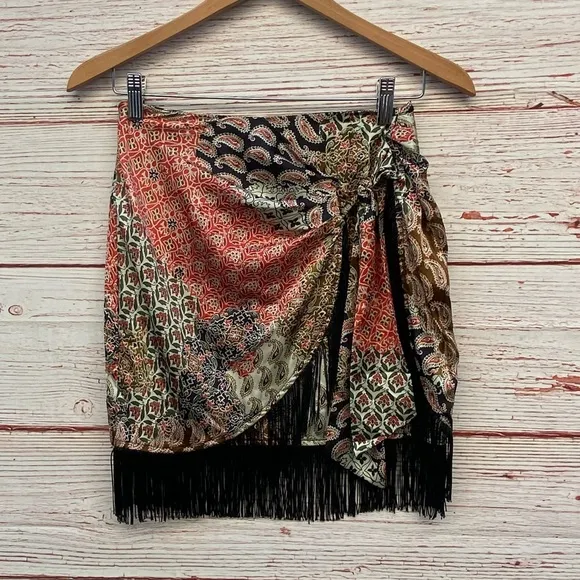 Zara Mixed Print Faux Wrap Skirt with Fringe Sz XS