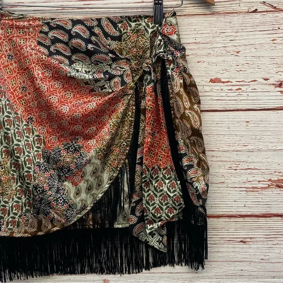 Zara Mixed Print Faux Wrap Skirt with Fringe Sz XS