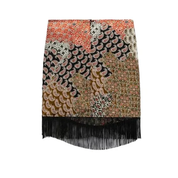 Zara Mixed Print Faux Wrap Skirt with Fringe Sz XS