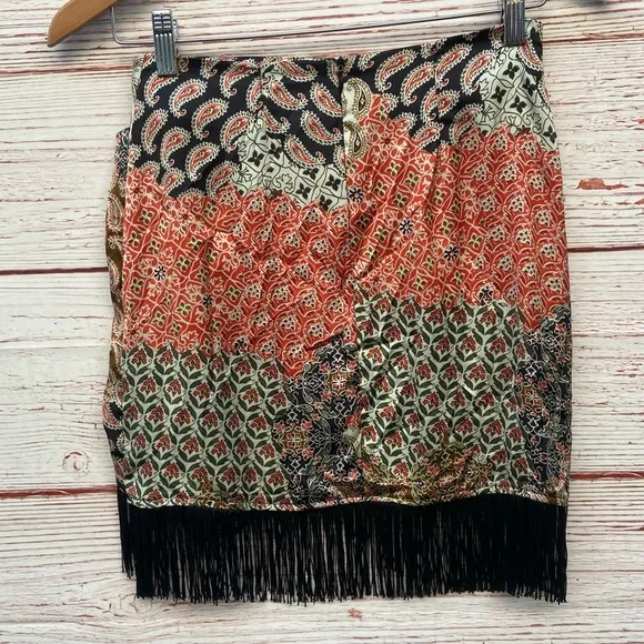 Zara Mixed Print Faux Wrap Skirt with Fringe Sz XS