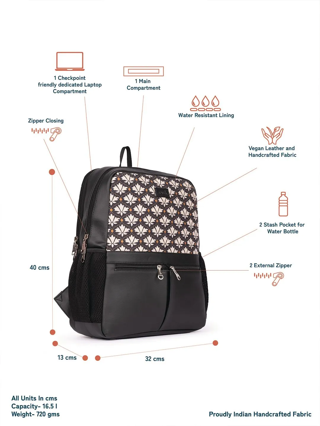 ZOUK Women Ethnic Printed Vegan Leather Backpack With Compression Straps-Up to 16 inch